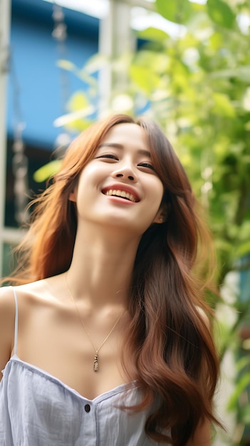 Retrato de uma bela jovem asiática sorrindo e feliz ao redor do jardim ao ar livre