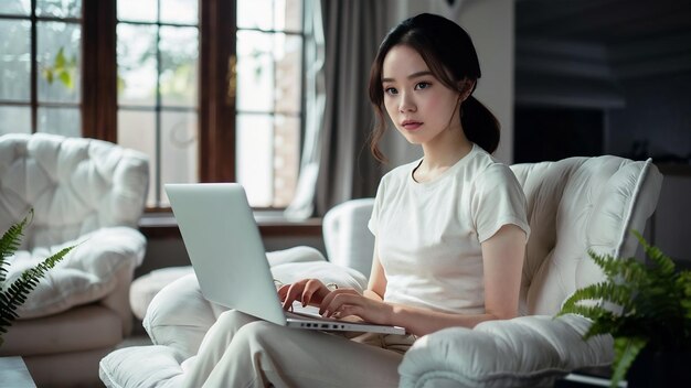 Retrato de uma bela jovem asiática usando um laptop para trabalhar e sentada em um sofá na sala de estar.