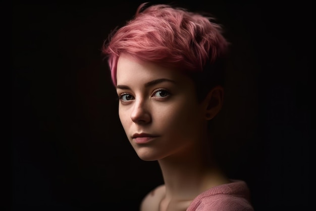 Retrato de uma bela jovem branca com um penteado curto rosa em fundo escuro com cópia sp