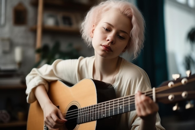 Retrato de uma bela jovem caucasiana com albinismo relaxando em casa no quarto loft tocando gui