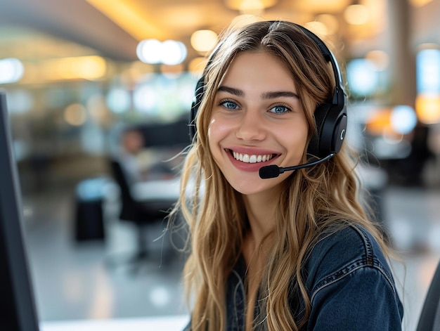 Retrato de uma bela jovem caucasiana com fone de ouvido em um call center