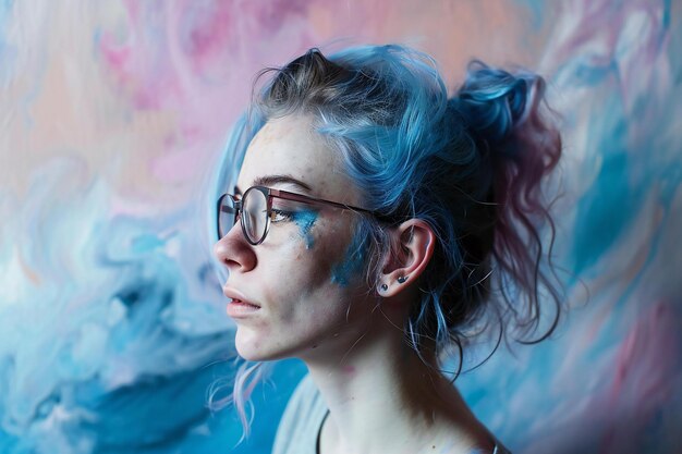 Foto retrato de uma bela jovem com cabelo azul e óculos