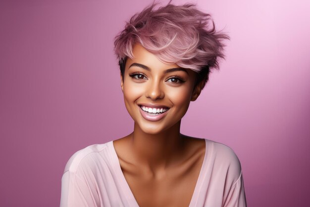 Retrato de uma bela jovem com cabelo rosa em um fundo rosa
