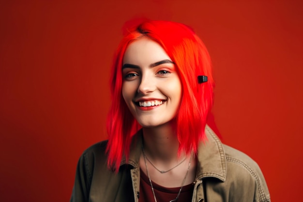 Retrato de uma bela jovem com cabelo ruivo e fones de ouvido em um fundo vermelho Generative AI