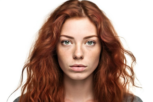 Retrato de uma bela jovem com cabelo vermelho e olhos verdes