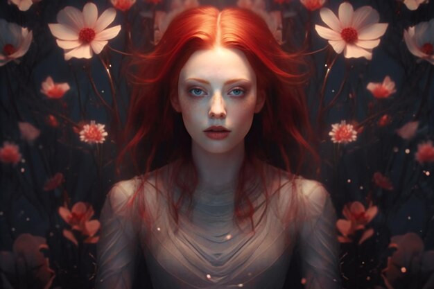 Retrato de uma bela jovem com cabelo vermelho em flores