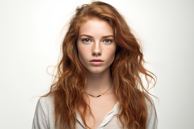 Retrato de uma bela jovem com cabelo vermelho sobre fundo branco