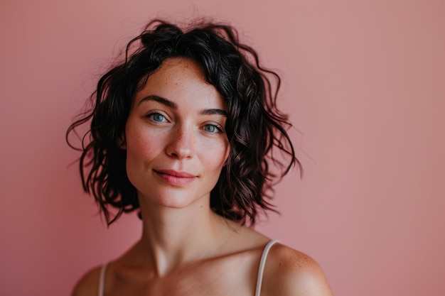 Retrato de uma bela jovem com cabelos cacheados em um fundo rosa