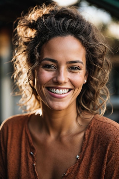 retrato de uma bela jovem com cabelos cacheados sorrindo para a câmera