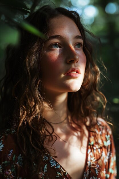 Retrato de uma bela jovem com cabelos compridos e encaracolados na floresta