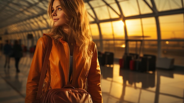 Retrato de uma bela jovem com cabelos compridos e enrolados em um avião de jaqueta no fundo