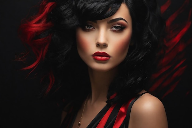 Retrato de uma bela jovem com cabelos compridos e rizados e lábios vermelhos