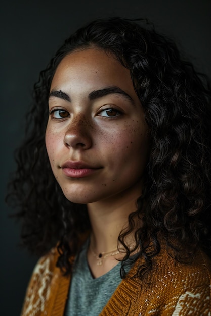 Foto retrato de uma bela jovem com cabelos encaracolados e suéter castanho