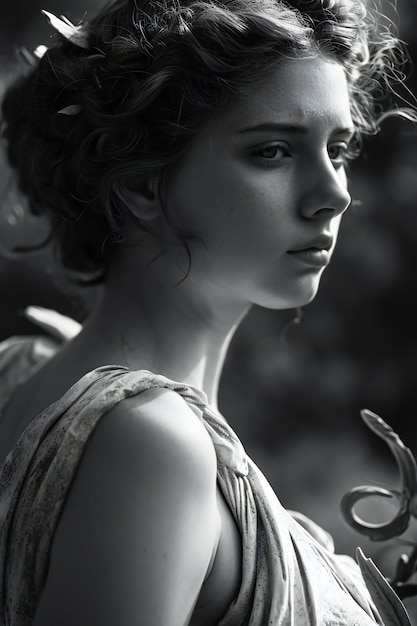 Retrato de uma bela jovem com cabelos encaracolados foto em preto e branco