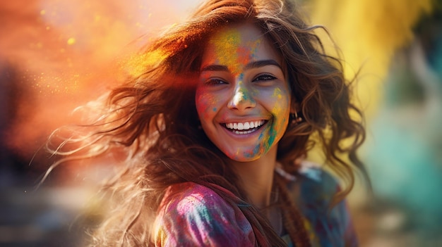 Retrato de uma bela jovem com cabelos encaracolados no fundo do festival de cores holi