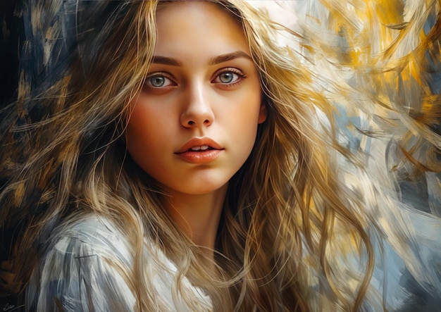 Retrato de uma bela jovem com cabelos loiros longos moda beleza