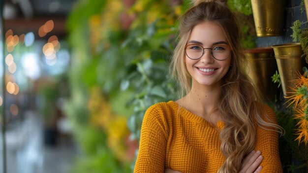 Retrato de uma bela jovem com cabelos longos e ondulados usando óculos e um suéter amarelo
