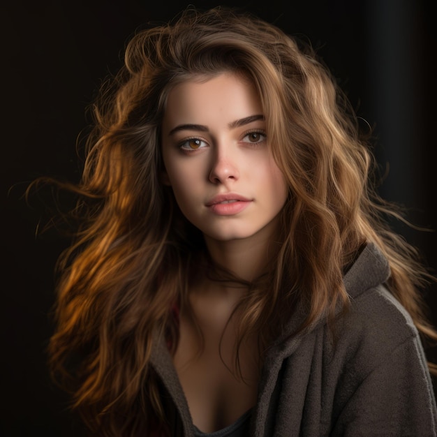 Retrato de uma bela jovem com cabelos longos e ondulados
