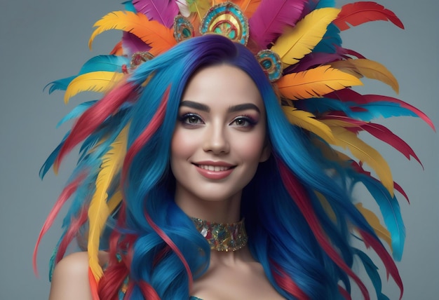 Retrato de uma bela jovem com cabelos multicoloridos brilhantes