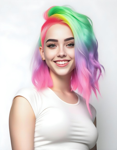 Retrato de uma bela jovem com cabelos multicoloridos