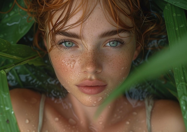 Retrato de uma bela jovem com cabelos ruivos e sardas entre folhas tropicais em um dia chuvoso