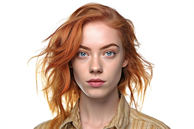 Retrato de uma bela jovem com cabelos vermelhos em fundo branco