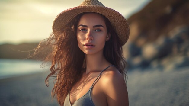 Retrato de uma bela jovem com chapéu na praia