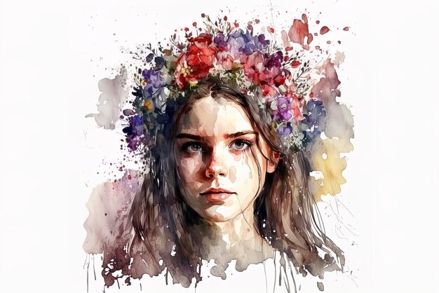 Retrato de uma bela jovem com coroa de flores na cabeça