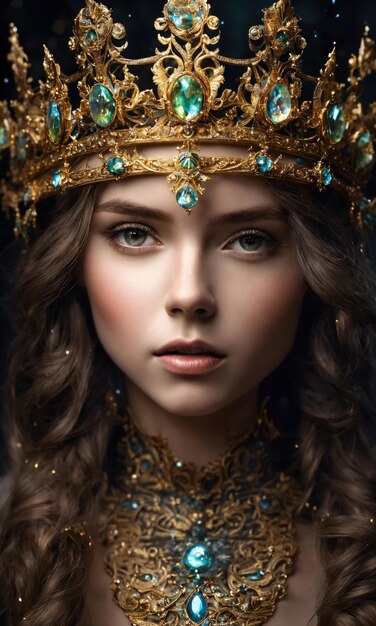 Retrato de uma bela jovem com coroa Maquiagem e penteado de luxo