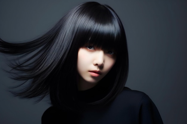Retrato de uma bela jovem com longos cabelos pretos em estúdio