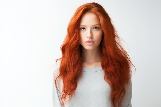 Foto retrato de uma bela jovem com longos cabelos vermelhos
