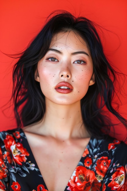 Retrato de uma bela jovem com maquiagem natural e vestido floral em fundo vermelho