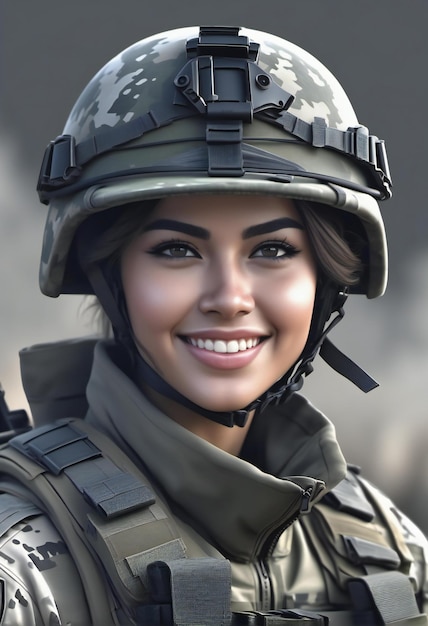 Retrato de uma bela jovem com o capacete militar