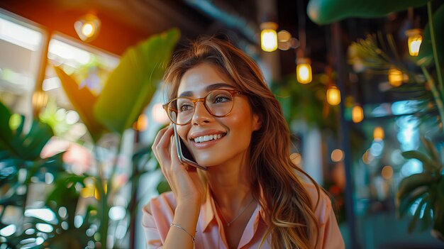 Retrato de uma bela jovem com óculos em um café