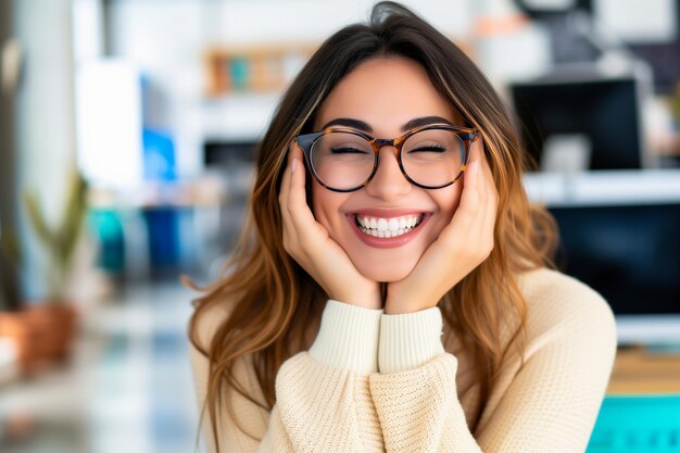 Foto retrato de uma bela jovem com óculos sorrindo no escritório