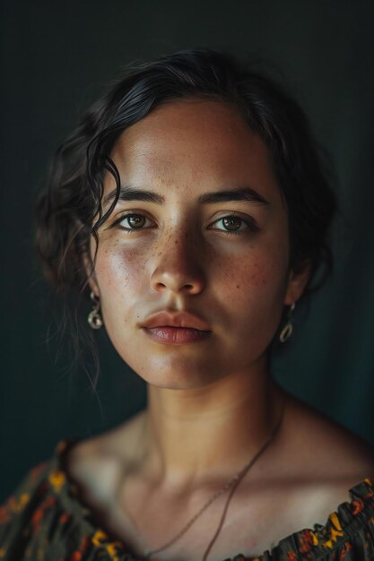 Retrato de uma bela jovem com olhos castanhos e cabelos encaracolados