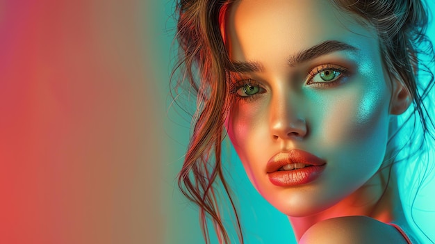 Retrato de uma bela jovem com olhos verdes e cabelo molhado com uma luz multicolorida em seu rosto