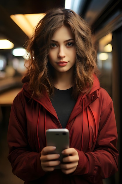 Retrato de uma bela jovem com telefone celular na cidade à noite