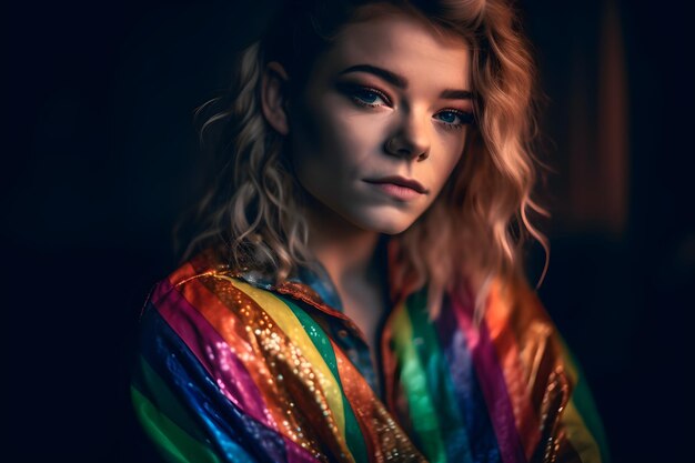 Retrato de uma bela jovem com um lenço de orgulho arco-íris