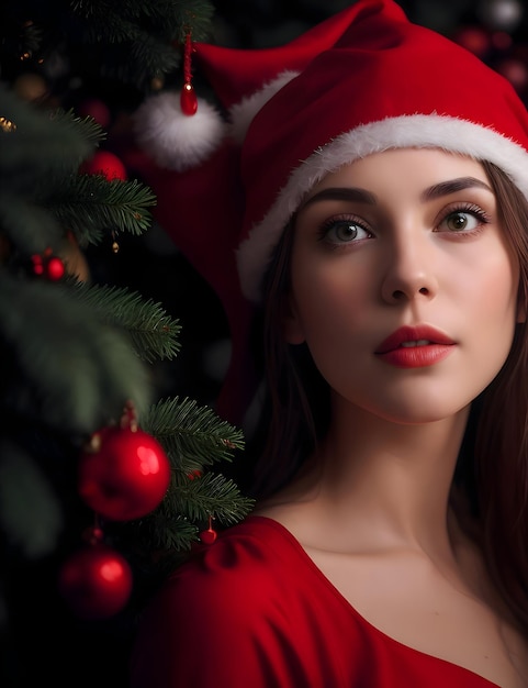 Retrato de uma bela jovem com um vestido vermelho e um chapéu de Papai Noel gerado com ai