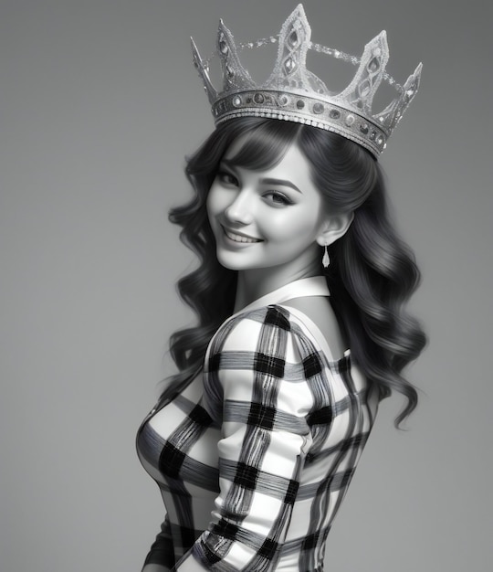Foto retrato de uma bela jovem com uma coroa na cabeça com fundo cinza