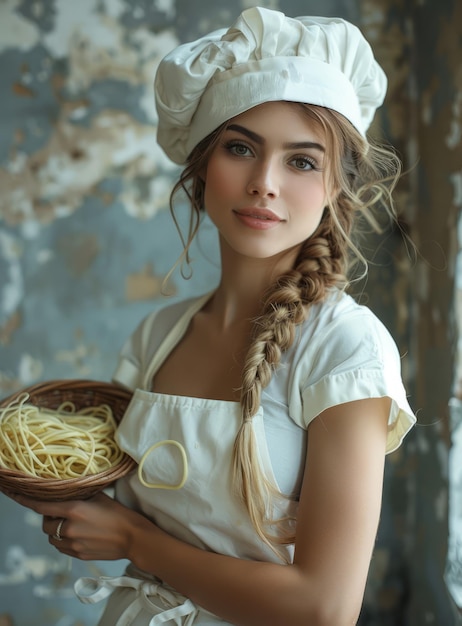 Foto retrato de uma bela jovem cozinheira segurando um cesto de espaguete