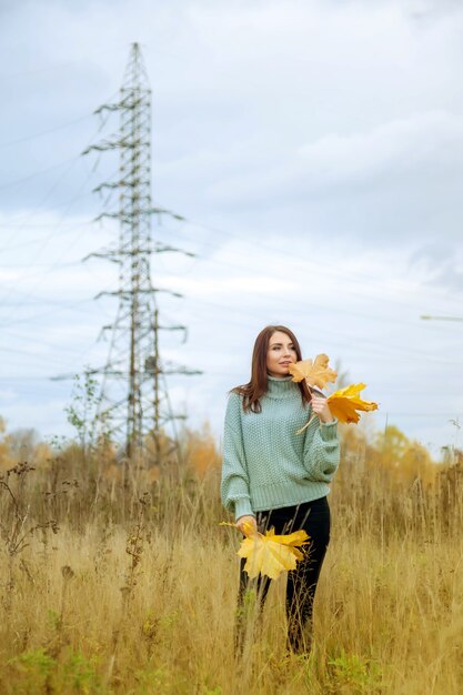 Retrato de uma bela jovem de aparência eslava com roupas casuais no outono, fica com as folhas na mão. Modelo fofo caminha no parque no outono dourado contra o fundo da natureza