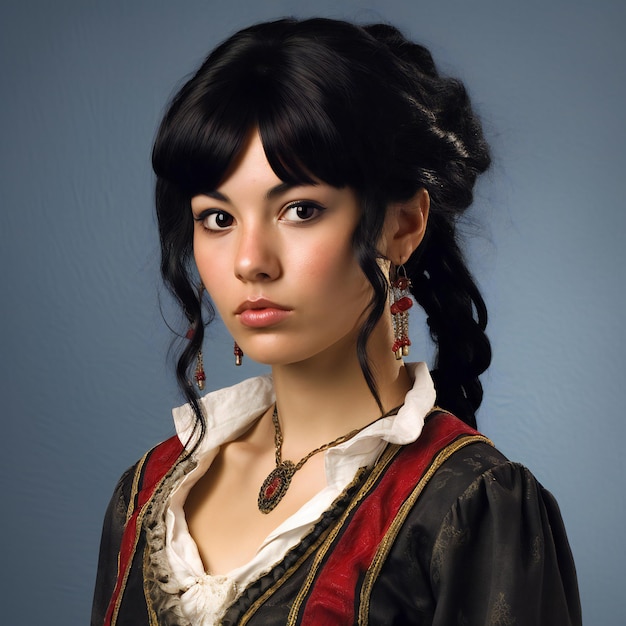 Retrato de uma bela jovem de cabelo preto em traje medieval