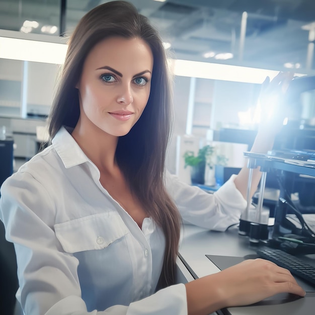 Retrato de uma bela jovem de camisa branca, sentada em uma mesa e trabalhando em um computador