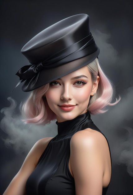 Retrato de uma bela jovem de chapéu preto com cabelo rosa
