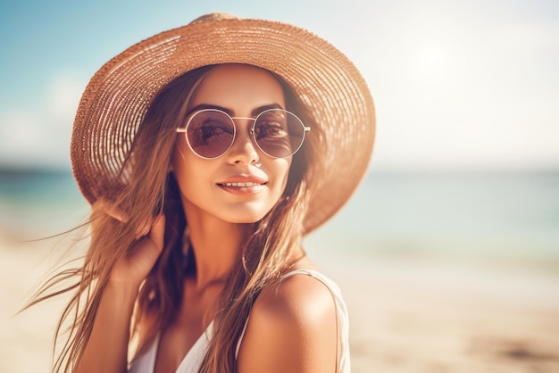 Retrato de uma bela jovem de chapéu sorrindo para a câmera na praia Generative AI