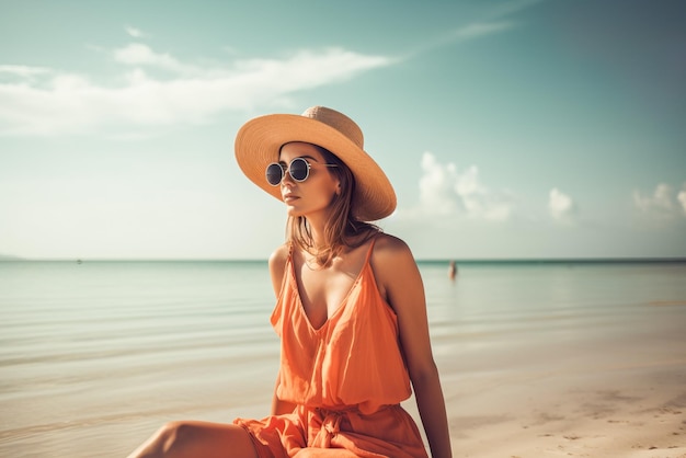 Retrato de uma bela jovem de chapéu sorrindo para a câmera na praia Generative AI
