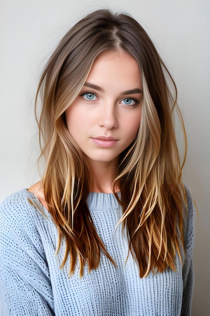 Retrato de uma bela jovem de olhos azuis e cabelos longos