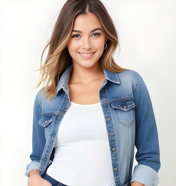 Retrato de uma bela jovem em jaqueta de jeans em um fundo branco
